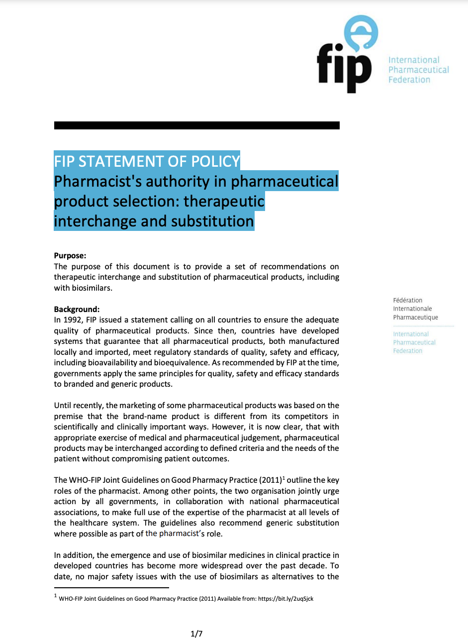 FIP Statement of Policy: Pharmacist's authority in pharmaceutical product selection: therapeutic interchange and substitution (2018) Thumbnail