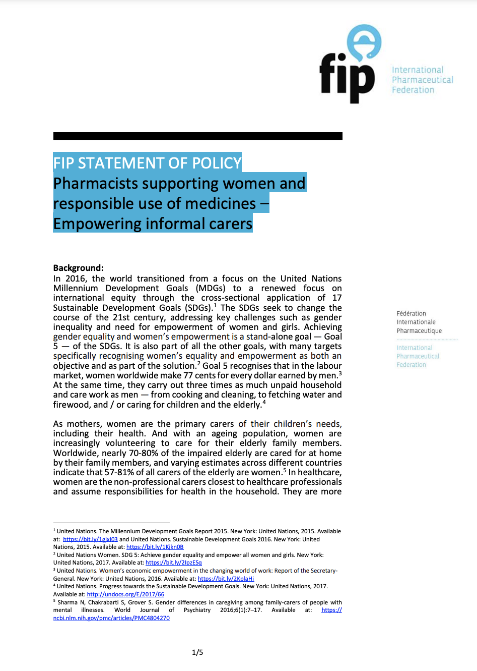 FIP Statement of Policy: Pharmacists supporting women and responsible use of medicines – Empowering informal carers (2019) Thumbnail