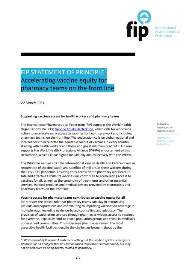 FIP Statement of Principle: Accelerating vaccine equity for pharmacy teams on the front line (2021) Thumbnail