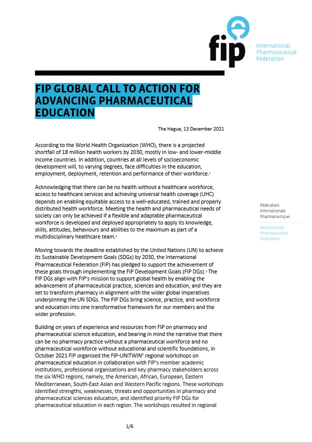 FIP Global call to action for advancing pharmaceutical education (2021) Thumbnail