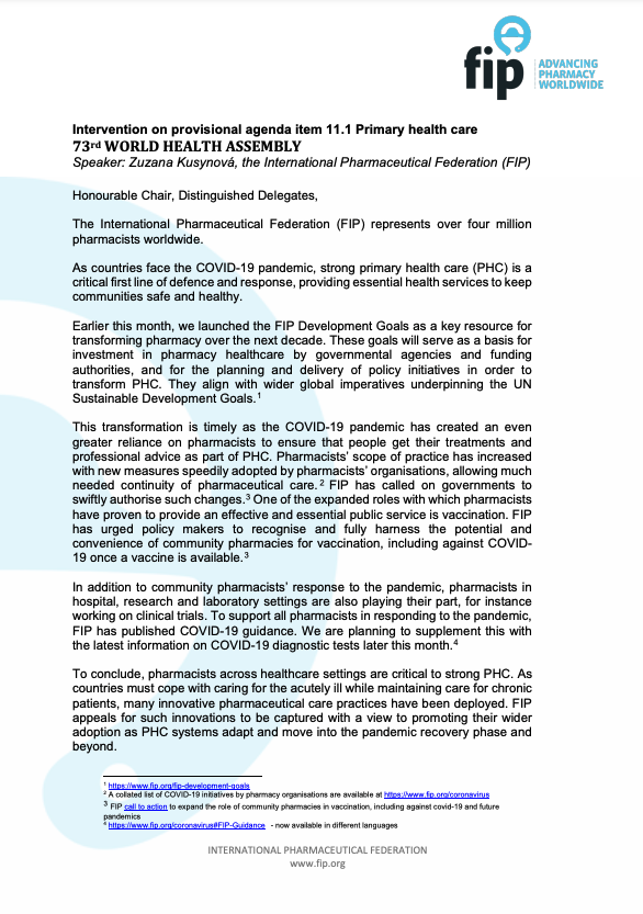 73rd World Health Assembly: Intervention on provisional agenda item 11.1. Primary health care (2020) Thumbnail