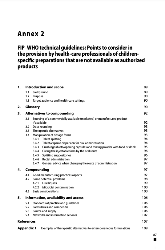 FIP–WHO technical guidelines: Points to consider in the provision by health-care professionals of childrenspecific preparations that are not available as authorized products (2016) Thumbnail