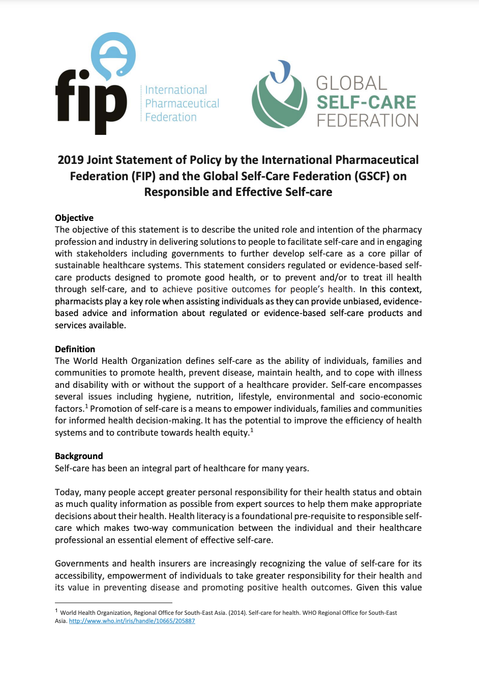 Joint Statement of Policy by the International Pharmaceutical Federation (FIP) and the Global Self-Care Federation (GSCF) on Responsible and Effective Self-care (2019) Thumbnail