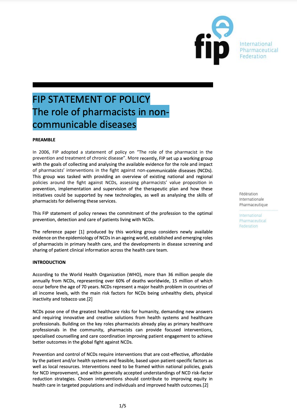 FIP Statement of Policy: The role of pharmacists in non-communicable diseases (2019) Thumbnail