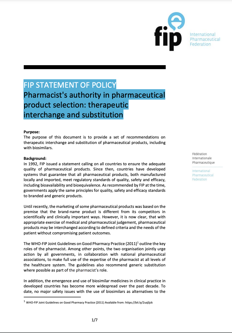 FIP Statement of Policy: Pharmacist's authority in pharmaceutical product selection: therapeutic interchange and substitution (2018) Thumbnail