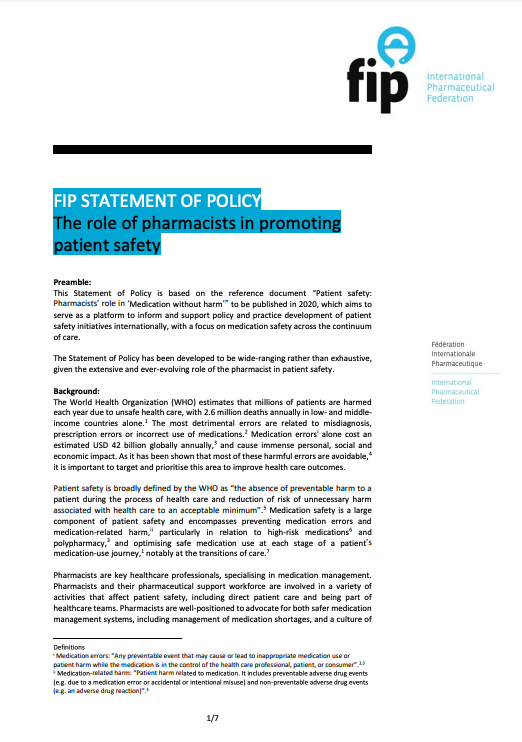 FIP Statement of Policy: The role of pharmacists in promoting patient safety (2020) Thumbnail
