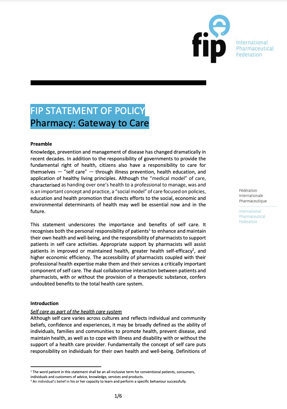 FIP Statement of Policy: Pharmacy - Gateway to Care (2017) Thumbnail