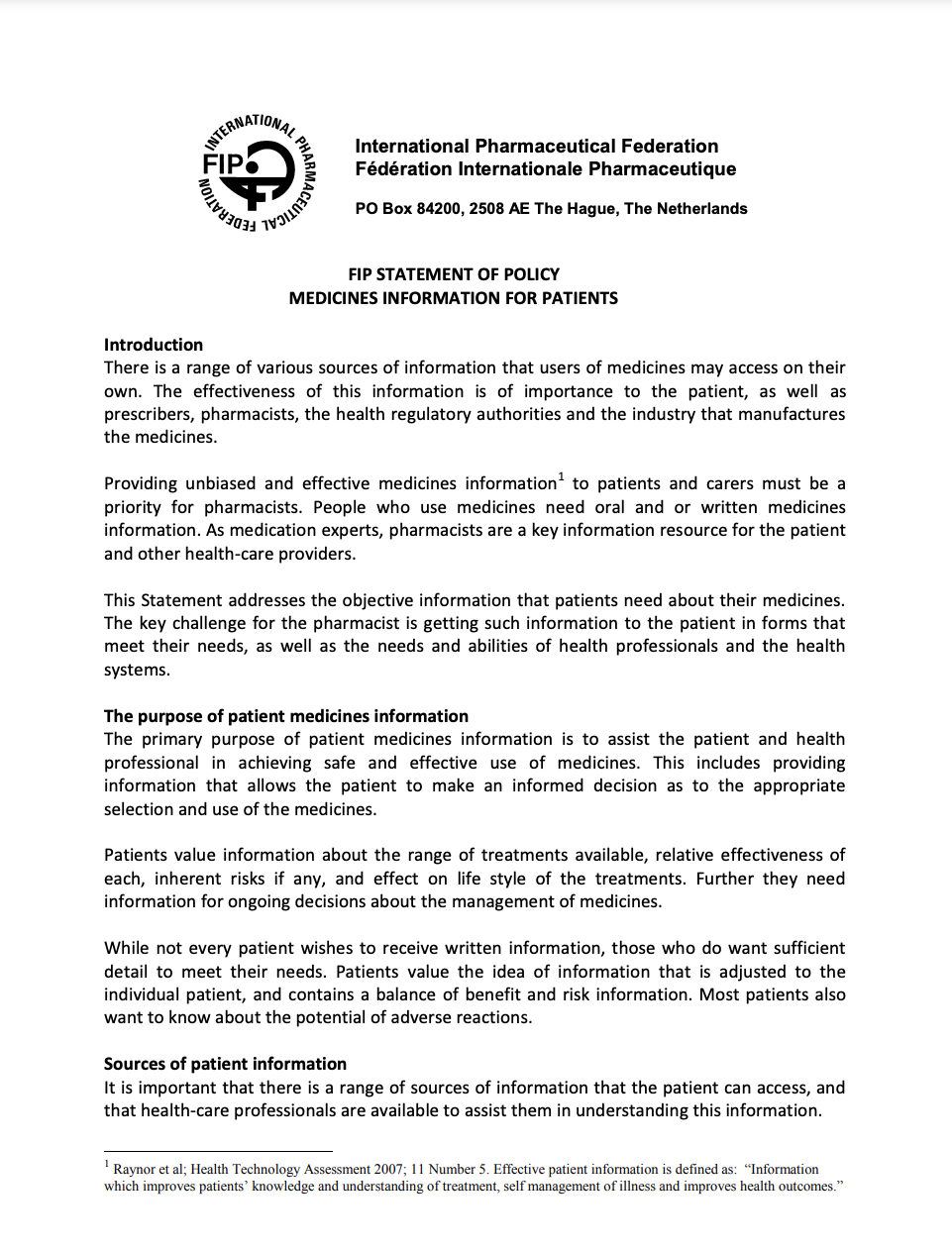 FIP Statement of Policy: Medicines Information for Patients (2008) Thumbnail
