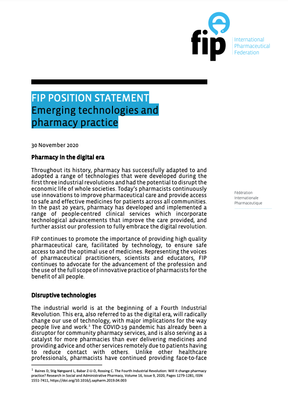FIP Position Statement: Emerging technologies and pharmacy practice (2020) Thumbnail