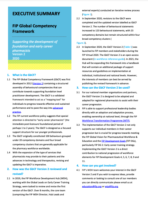 Executive Summary: FIP Global Competency Framework - Supporting the development of foundation and early career pharmacists (Version 2, 2020) Thumbnail