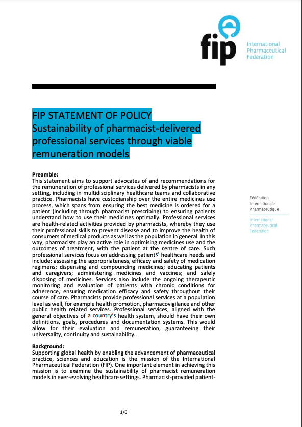 FIP Statement of Policy: Sustainability of pharmacist-delivered professional services through viable remuneration models (2020) Thumbnail