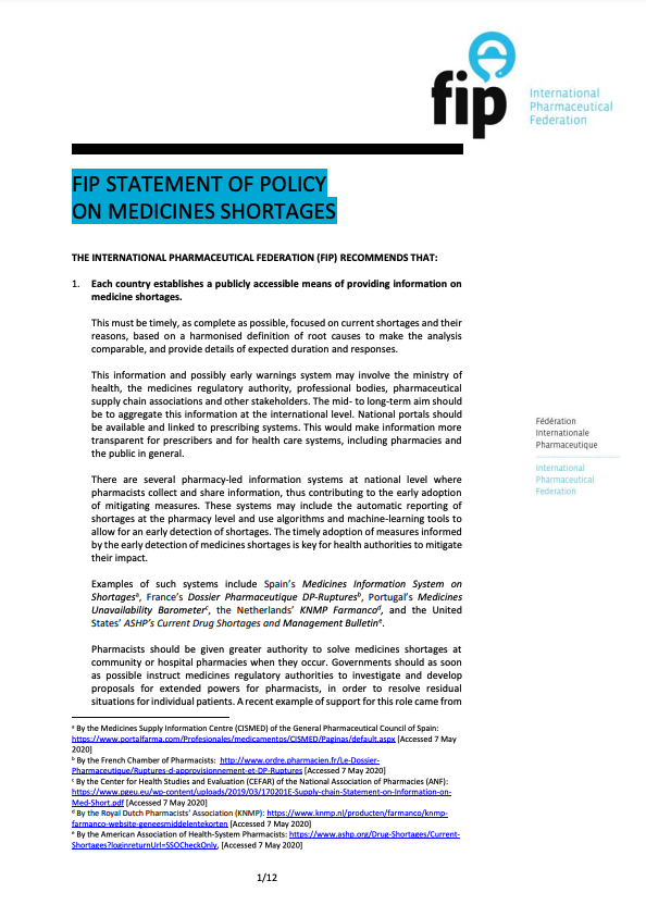 FIP Statement of Policy on Medicines Shortages (2020) Thumbnail