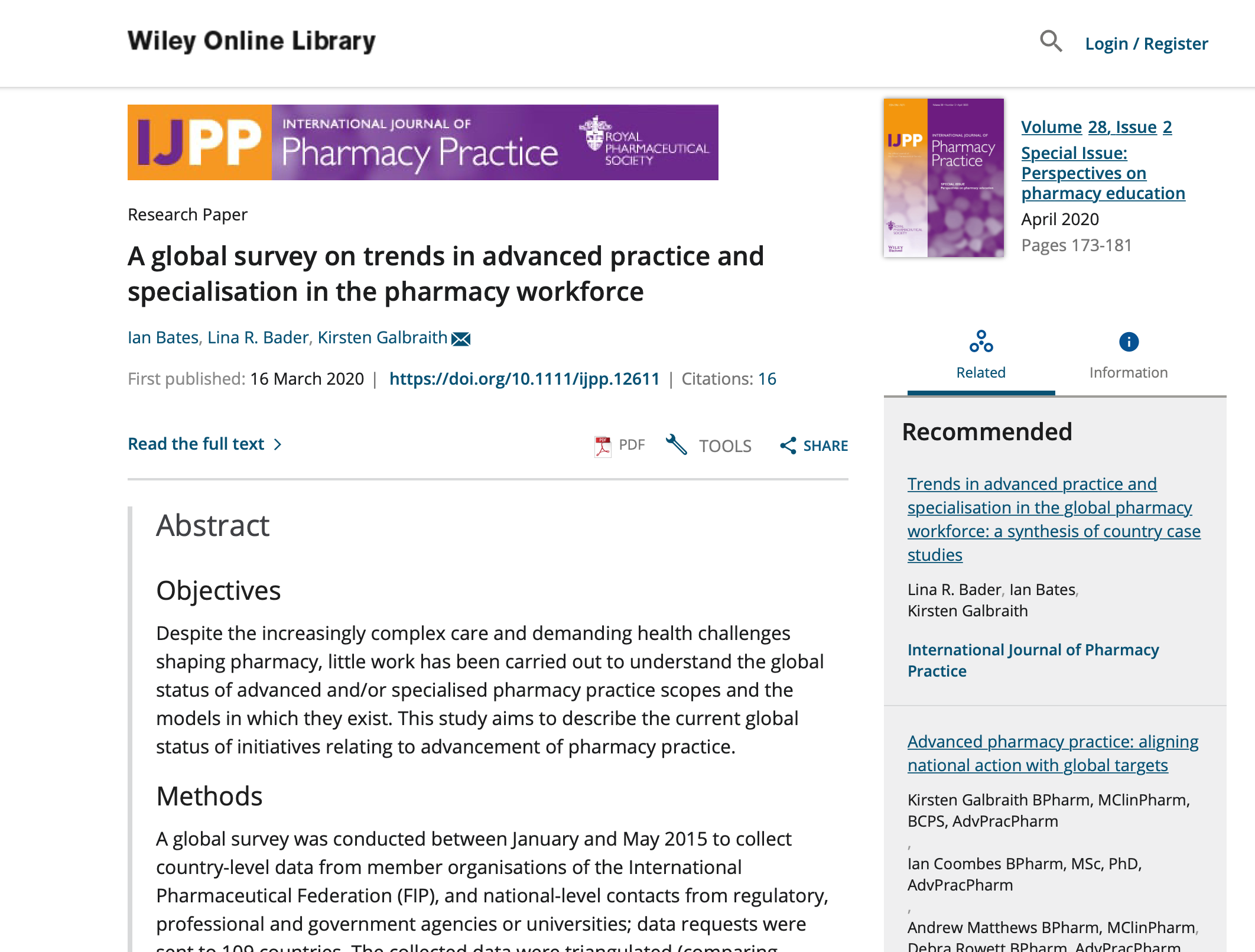 A Global Survey on Trends in Advanced Practice and Specialisation in the Pharmacy Workforce (2020) Thumbnail