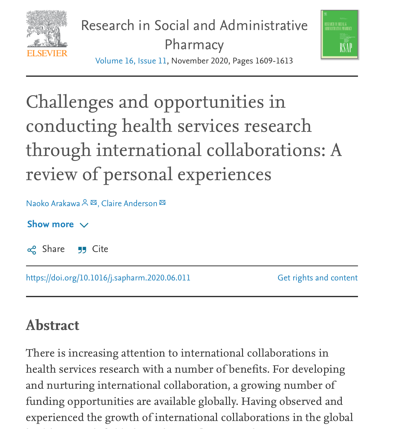 Challenges and opportunities in conducting health services research through international collaborations: A review of personal experiences (2020) Thumbnail