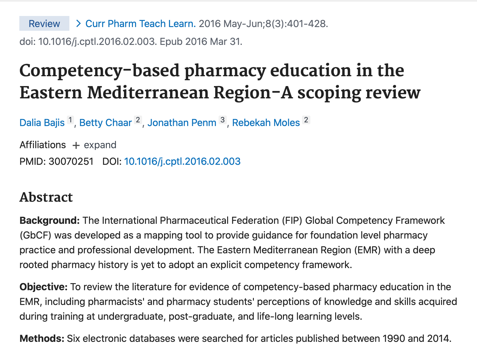 Competency-based Pharmacy Education in the Eastern Mediterranean Region – A Scoping Review (2016) Thumbnail