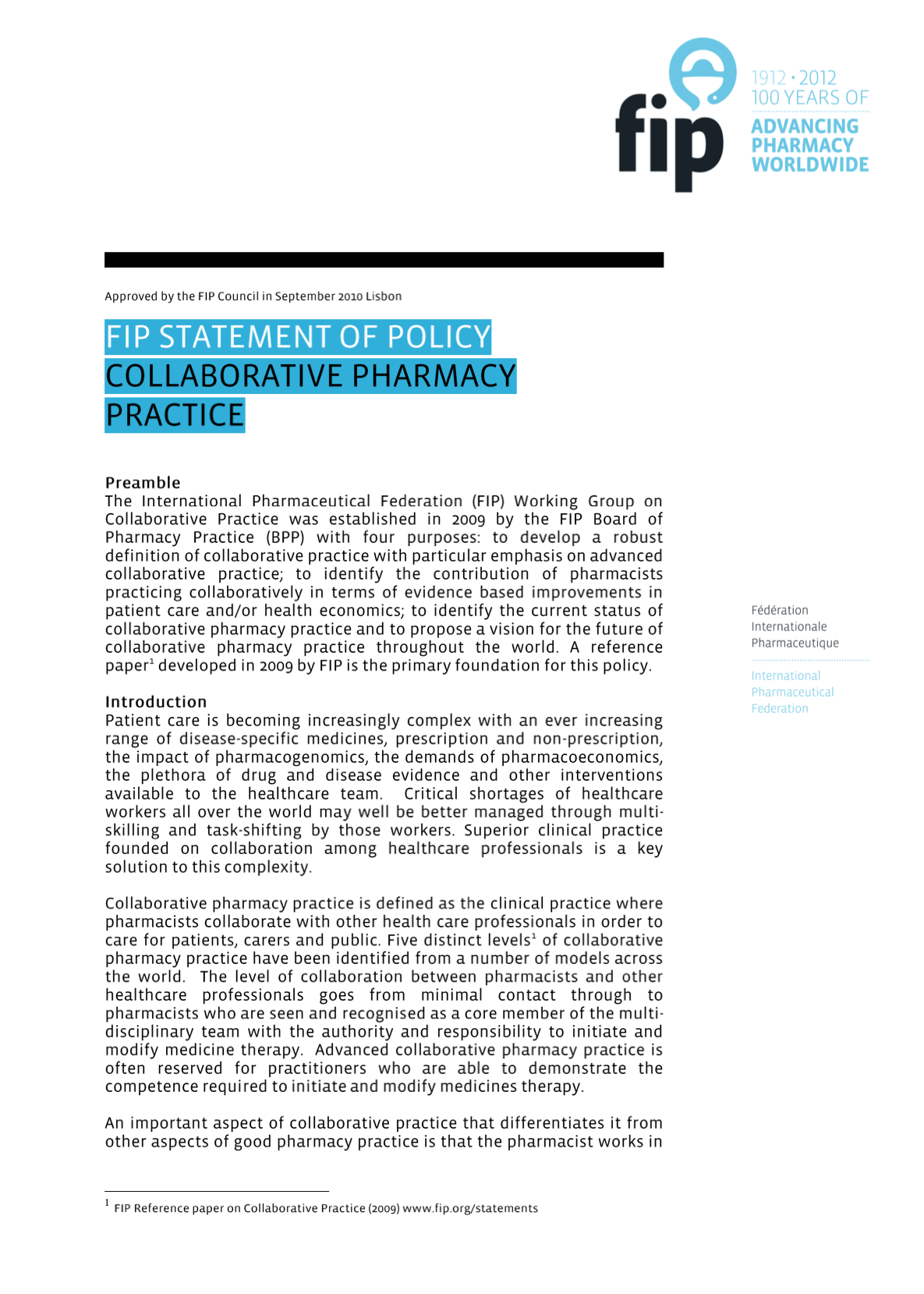 FIP Statement of Policy Collaborative Pharmacy Practice (2010) Thumbnail