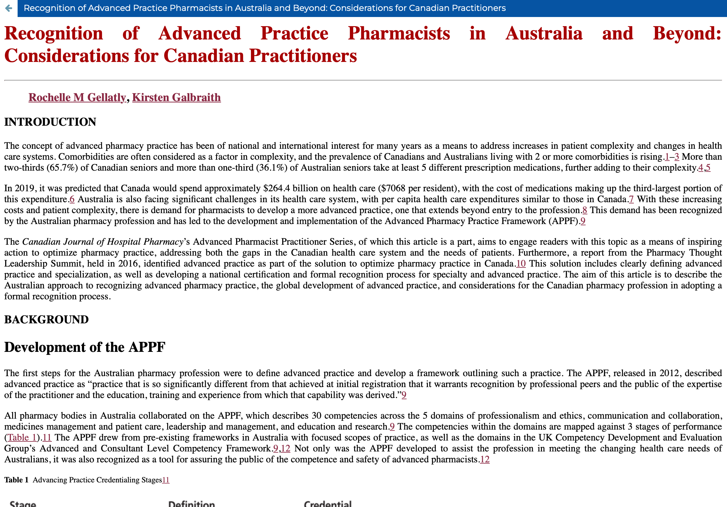 Recognition of Advanced Practice Pharmacists in Australia and Beyond: Considerations for Canadian Practitioners (2020) Thumbnail