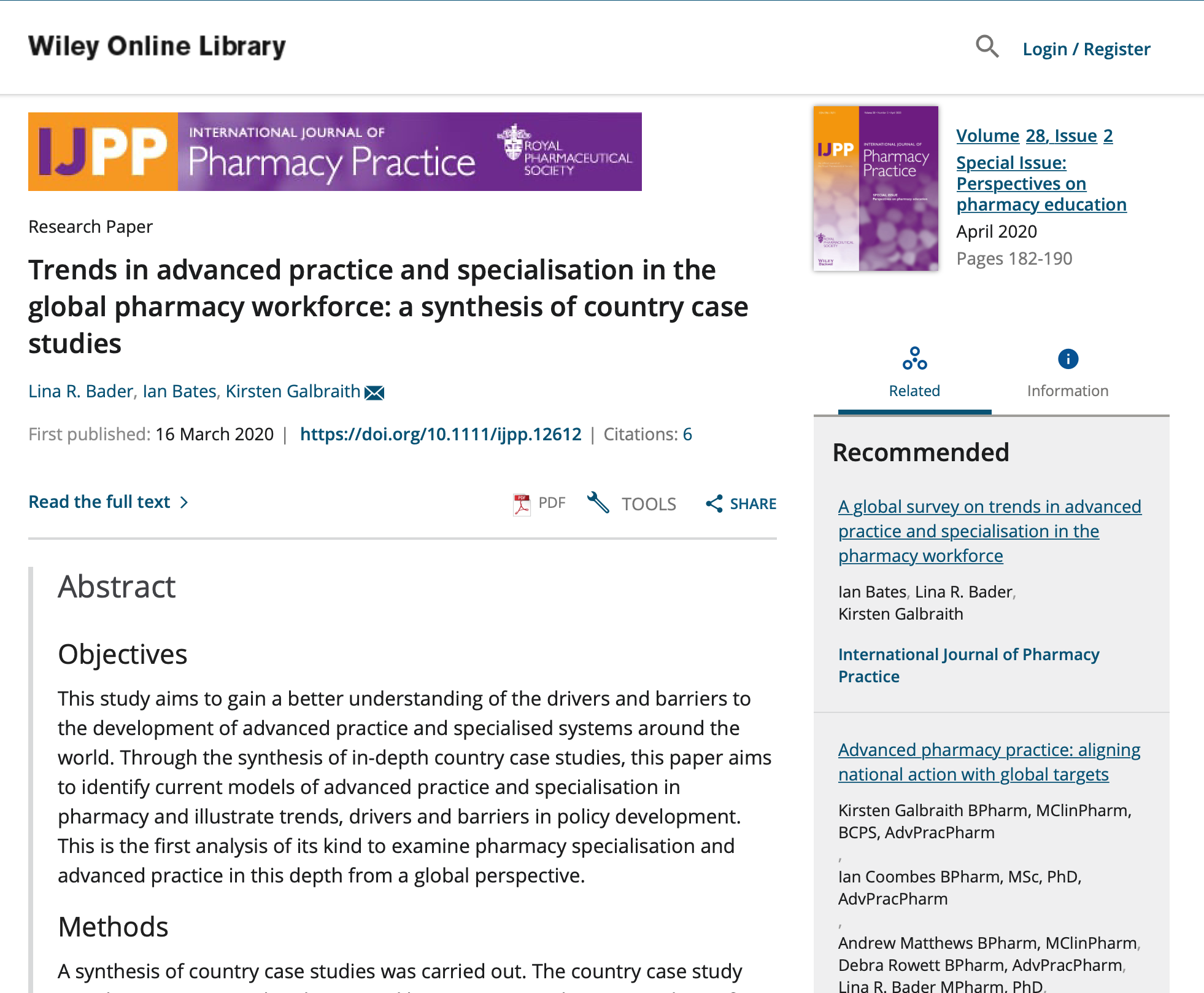 Trends in advanced practice and specialisation in the global pharmacy workforce: a synthesis of country case studies (2020) Thumbnail