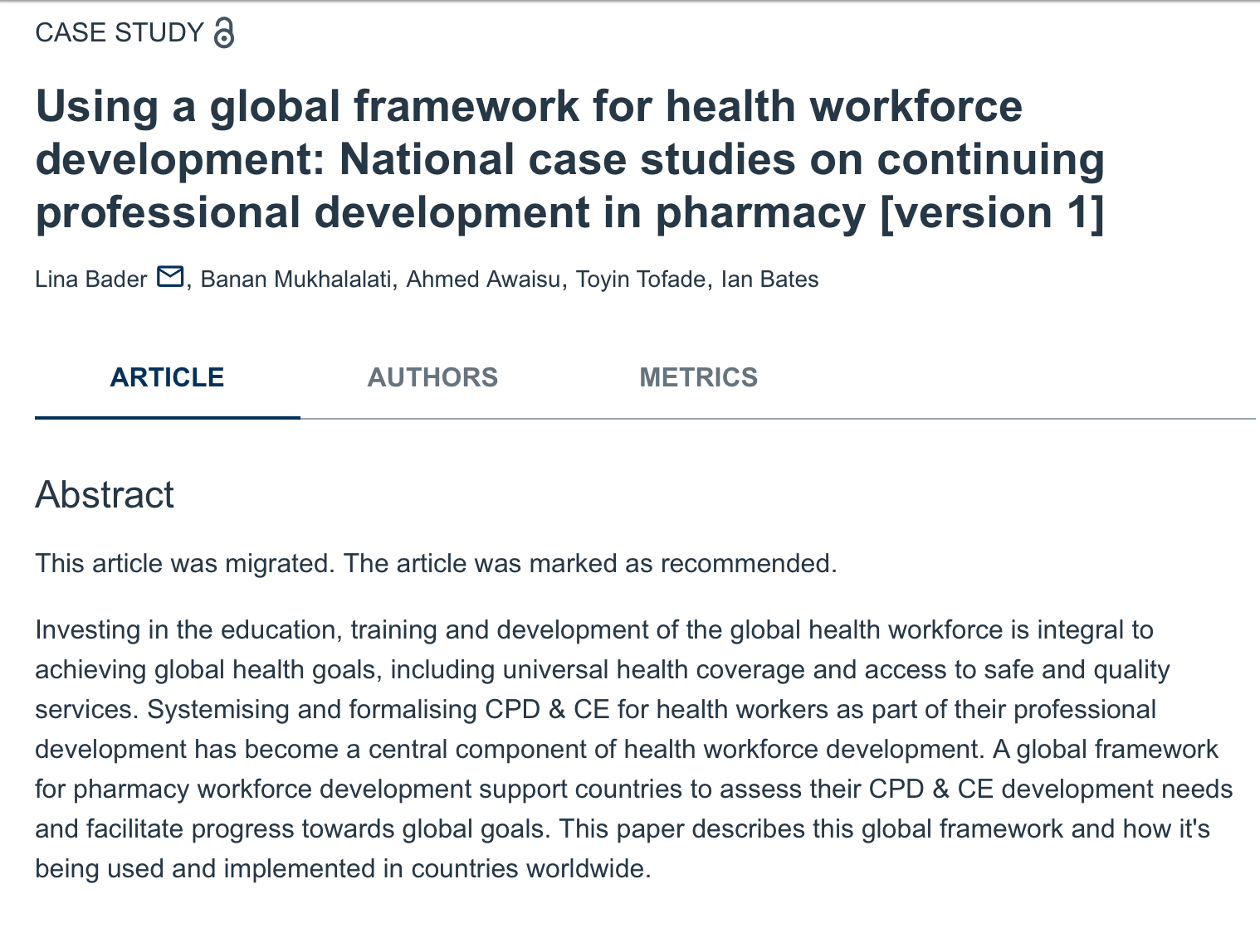 Using a global framework for Health Workforce Development: National Case Studies on Continuing Professional Development in Pharmacy (Version 1) (2019) Thumbnail